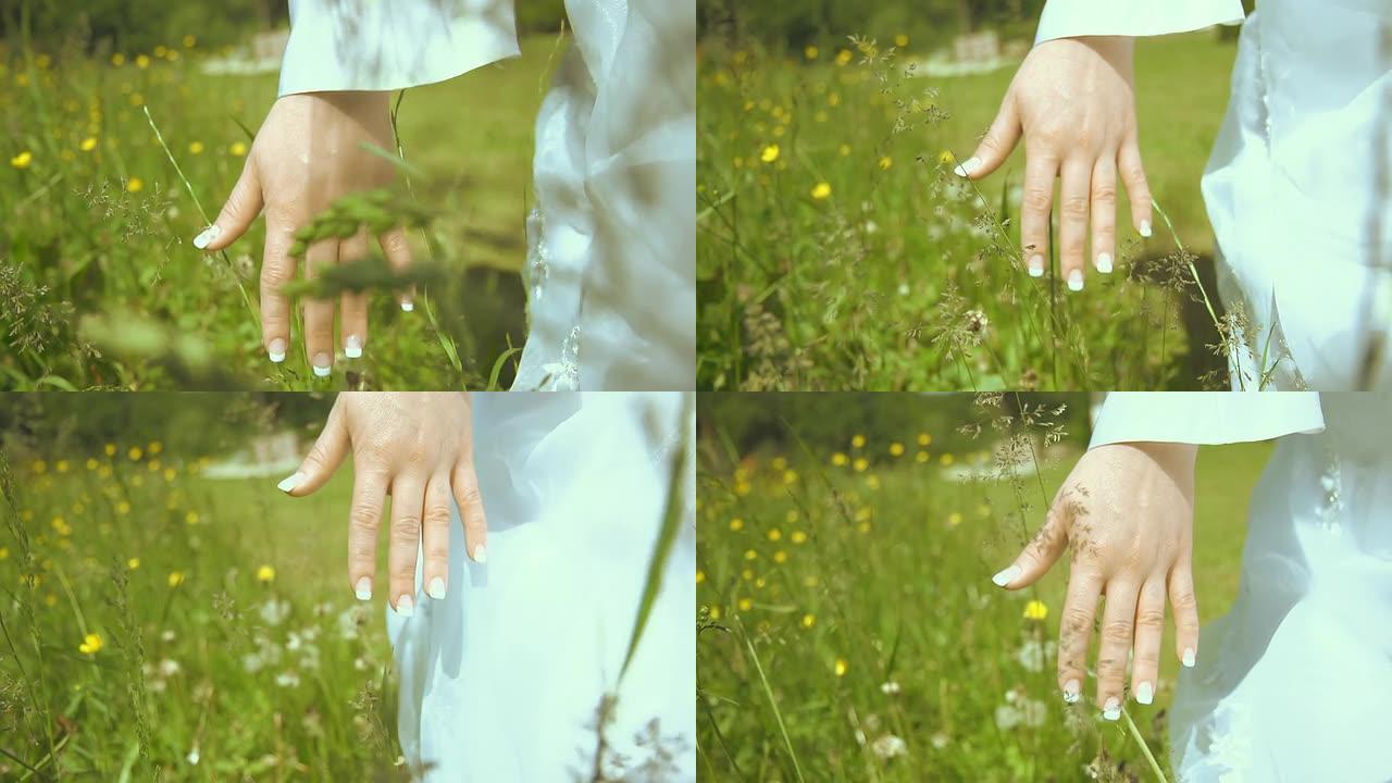 高清超级慢镜头：新娘触碰草叶