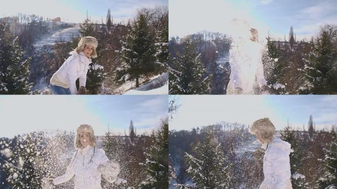 SLO MO女子向镜头扔雪