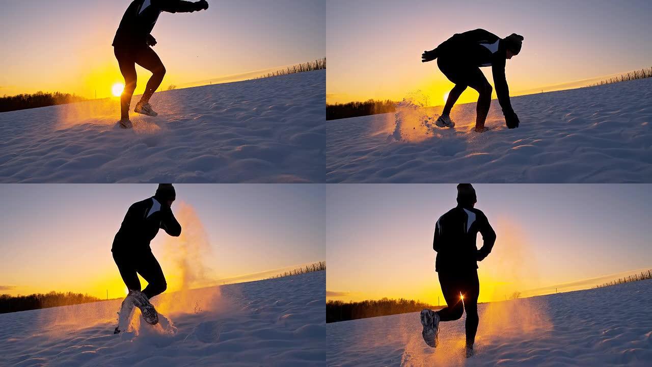 SLO MO运动员在日落的雪地里训练