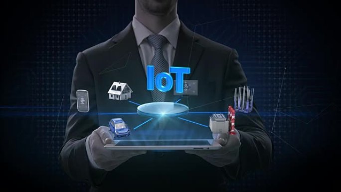 商人提升智能垫，智能房子，工厂，建筑，汽车，移动，互联网传感器连接 'IoT'，物联网。4k电影。