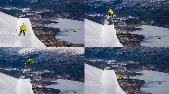 自由式滑雪者在刚落下的雪上进行360旋转