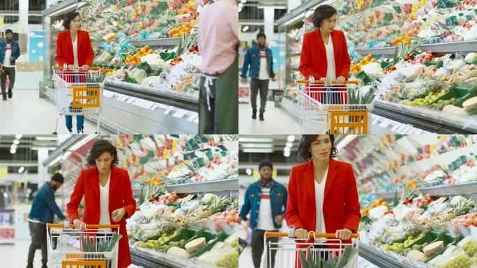 在超市: 带购物车的美丽年轻女子在新鲜农产品区选择蔬菜，将它们放入手推车。