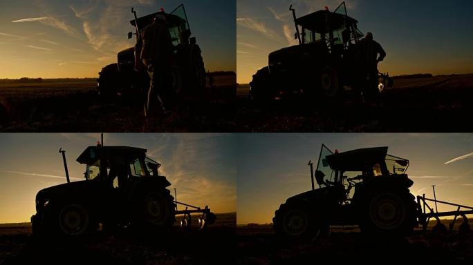 WS农民在日落时用拖拉机