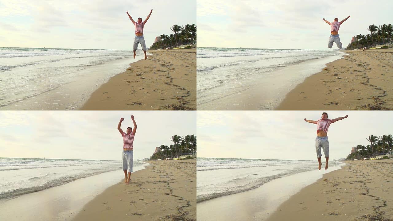高清超级慢镜头：男子在佛罗里达海滩跳跃