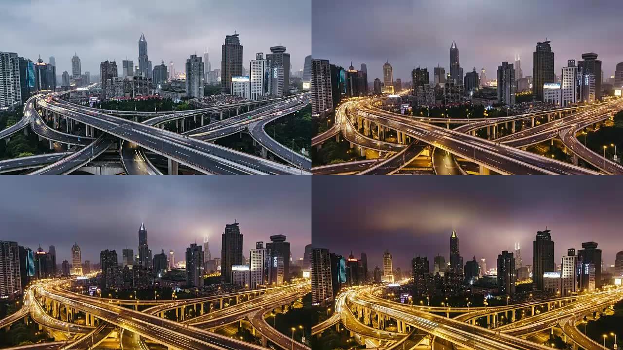 T/L WS HA TU高峰时段交通螺旋延安桥周围，昼夜过渡/中国上海