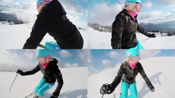 POV女人在滑雪坡上滑雪