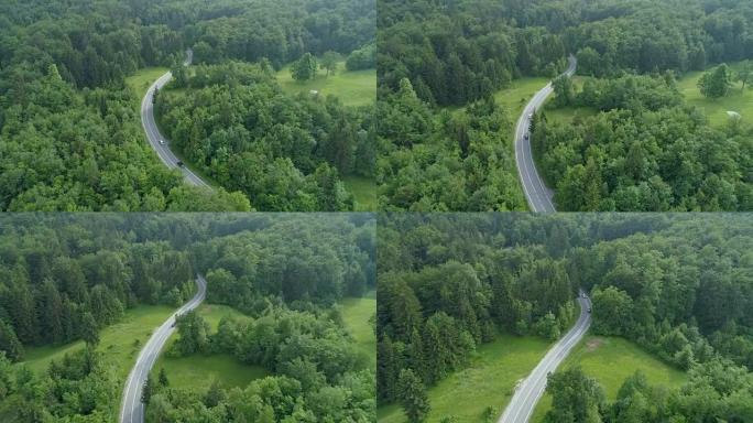 空中: 飞越汽车，沿着蜿蜒穿过深绿色森林的道路行驶。