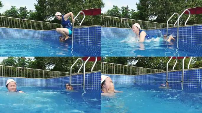 年轻女子带着儿子在游泳池里，4k