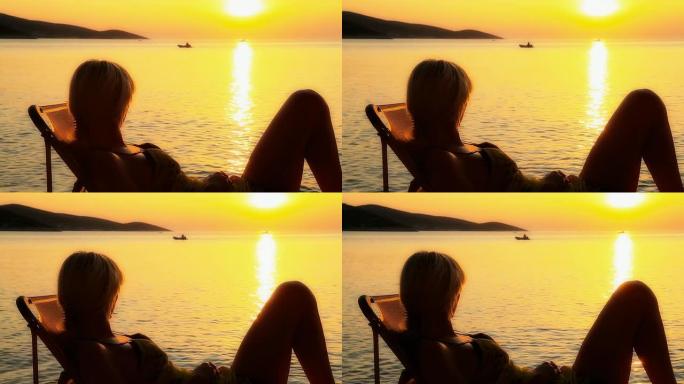 HD DOLLY:日落时分，一名女子在看摩托艇