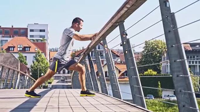 慢跑者在桥上伸展有氧运动体能训练镜头稳定