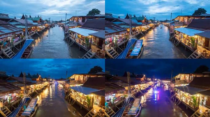 泰国黄昏时的Amphawa浮动市场，浮动市场，时间放大