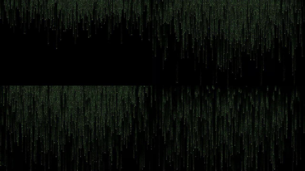 下降二进制代码数据。黑色背景上的绿色字母