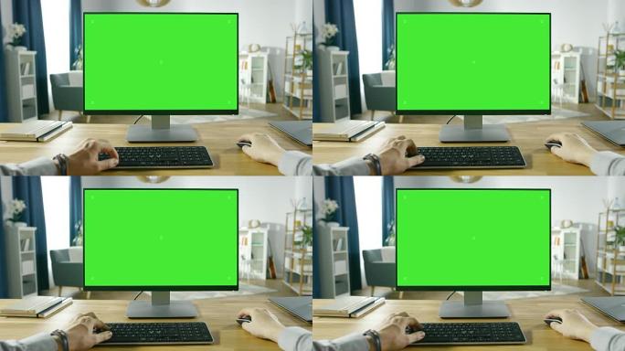 从家里工作在绿色模型屏幕个人电脑的专业自由职业者的第一人称视角。男人打字，浏览互联网，在舒适的客厅中