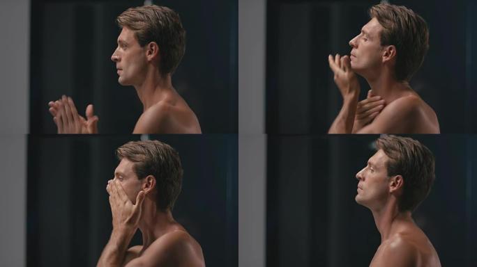男人脸上使用奶油身体健康管理特写镜头性感