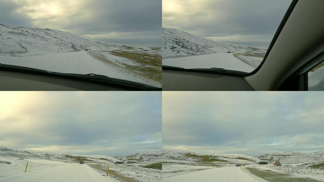 POV沿着冰岛的山脉行驶