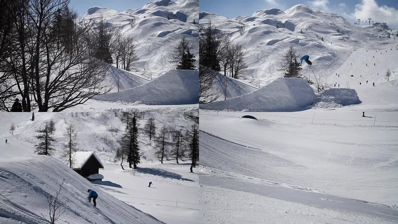 滑雪运动员在雪地公园里跳跃