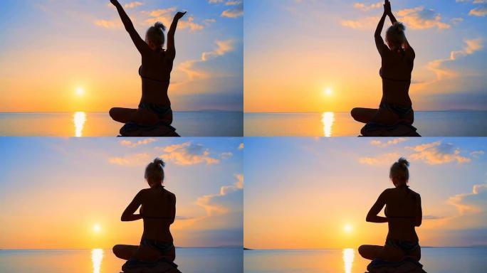 HD DOLLY：日落时练习瑜伽的女人