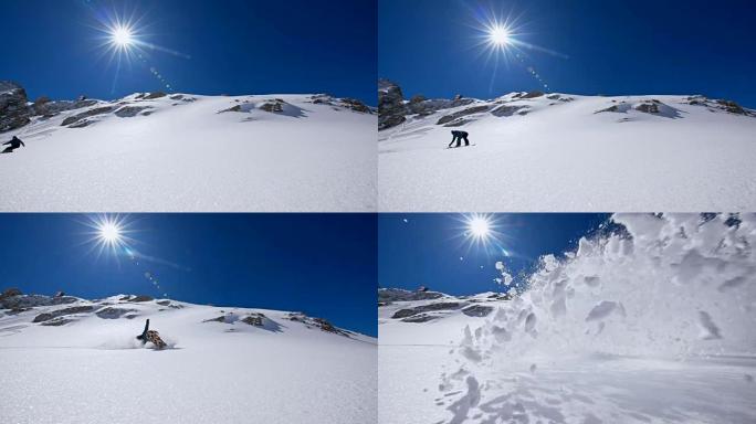 SLO MO滑雪者在镜头前敲雪