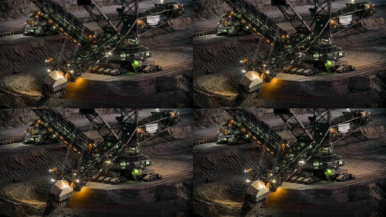褐煤挖掘机大型挖机矿产开采夜晚工作生产