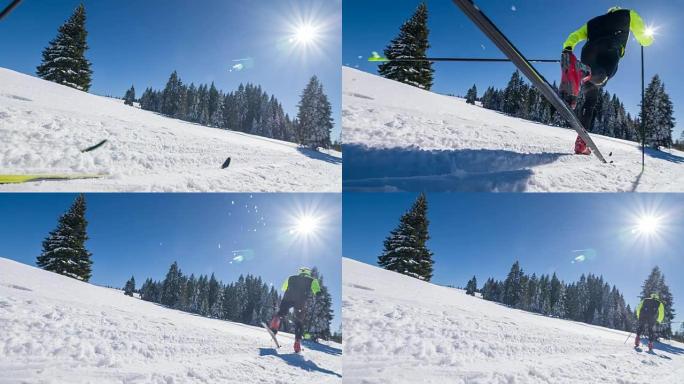 在平行凹槽滑雪道上的越野滑雪者