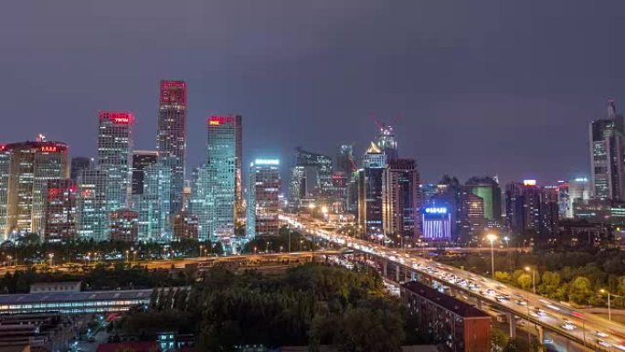 延时 -- 北京中央商务区夜间北京天际线鸟瞰图