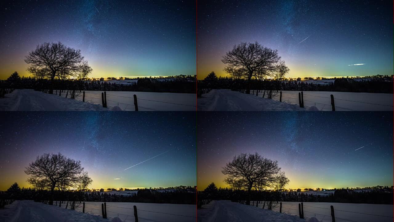 星光灿烂的夜空下的冬季景观-时间流逝