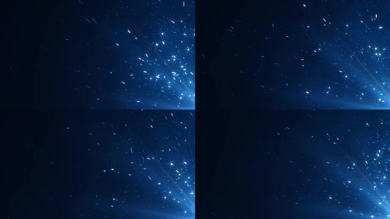 美丽的魔法火花从夜空的大火中升起。抽象孤立的蓝色发光粒子在黑色背景慢动作。循环3d动画。