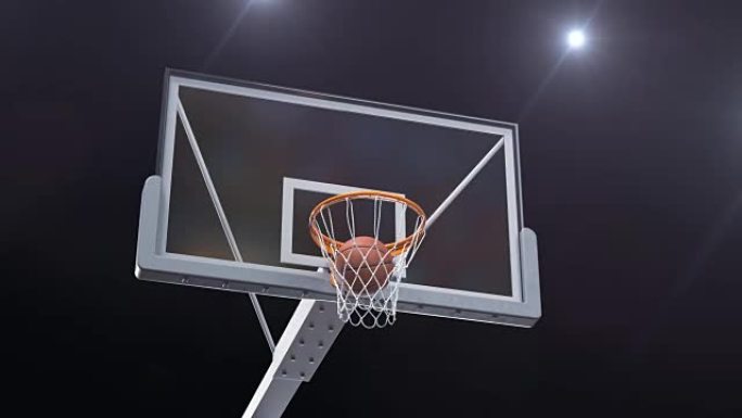 漂亮的长掷篮球圈慢动作相机飞行。球飞进篮网体育场蓝色聚光灯耀斑。运动概念3d动画