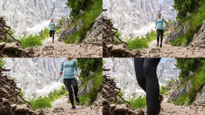适合在山区多岩石小径上奔跑的女跑步者