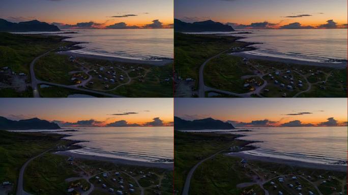空中: 挪威罗弗敦岛黄昏时带有露营地的海岸线