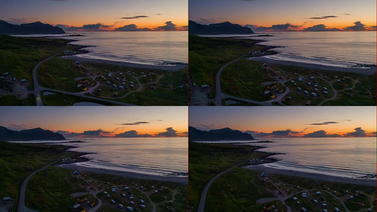 空中: 挪威罗弗敦岛黄昏时带有露营地的海岸线