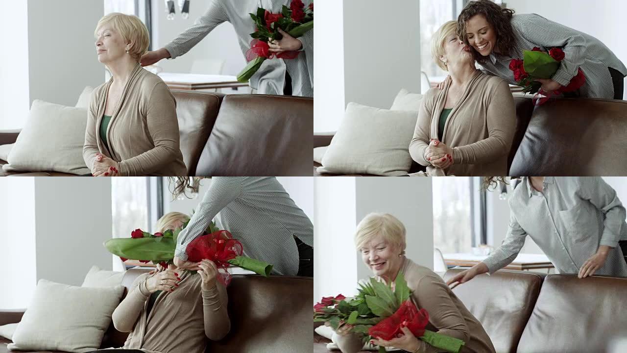 孙女用一束鲜花给祖母一个惊喜