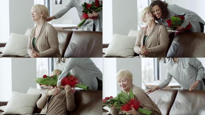 孙女用一束鲜花给祖母一个惊喜
