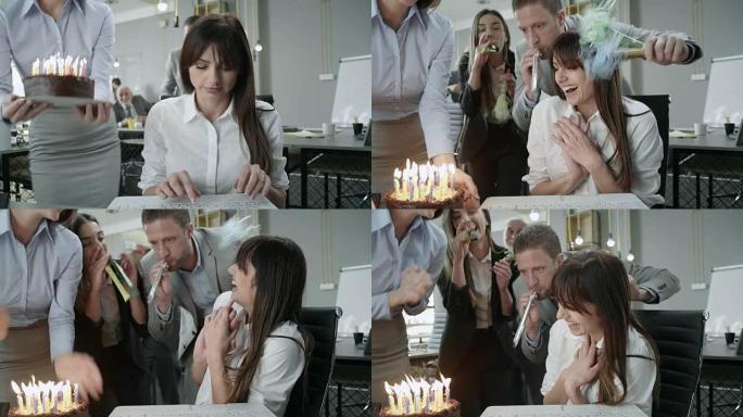 办公室的生日同事生日庆祝生日蛋糕惊喜团队