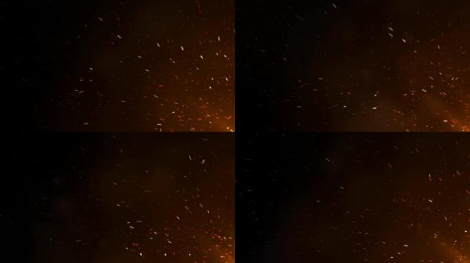 夜空中的大火燃烧着炽热的火花。从角落移动。抽象孤立的火焰发光粒子在黑色背景上飞起来。循环3d动画。