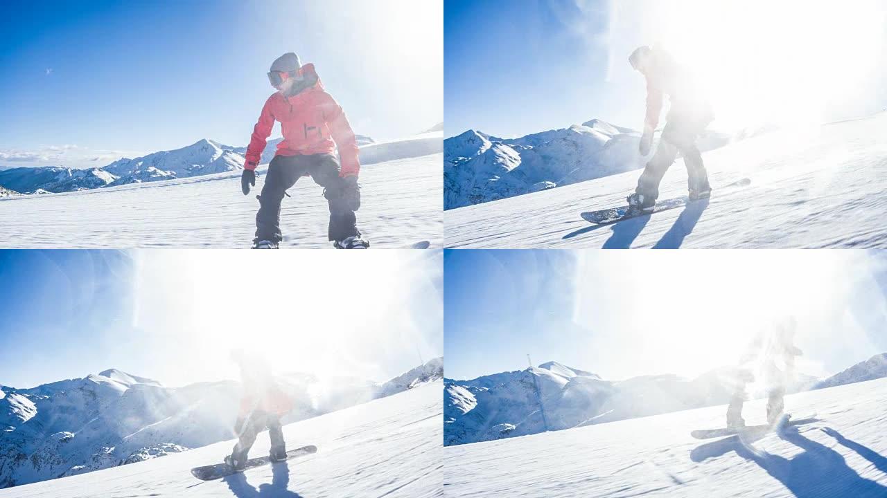 滑雪者在滑雪坡上玩耍，表演特技