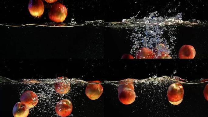 新鲜的桃子慢慢落入水中，健康的零食，维生素的来源。