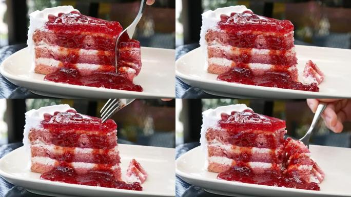 人类手工切片草莓蛋糕