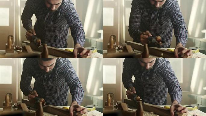 年轻的男性木匠特长技能特写镜头格子衬衫