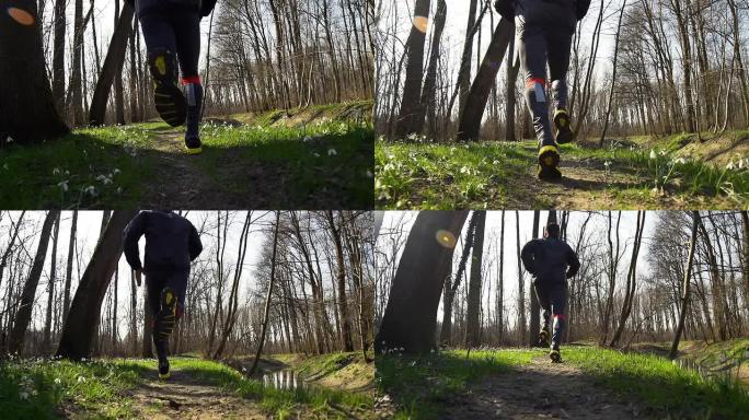 高清超级慢动作: 男人在森林里慢跑
