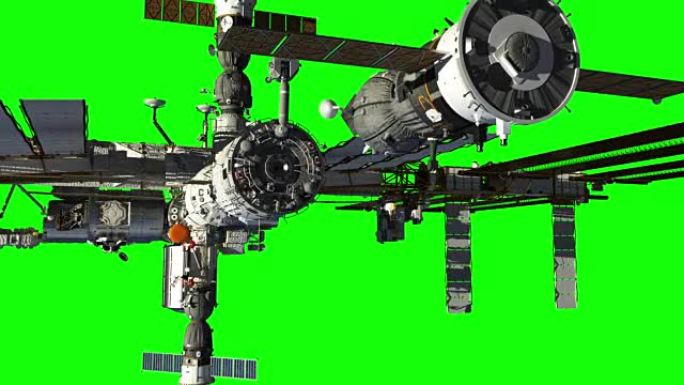 飞船对接国际空间站。绿屏。
