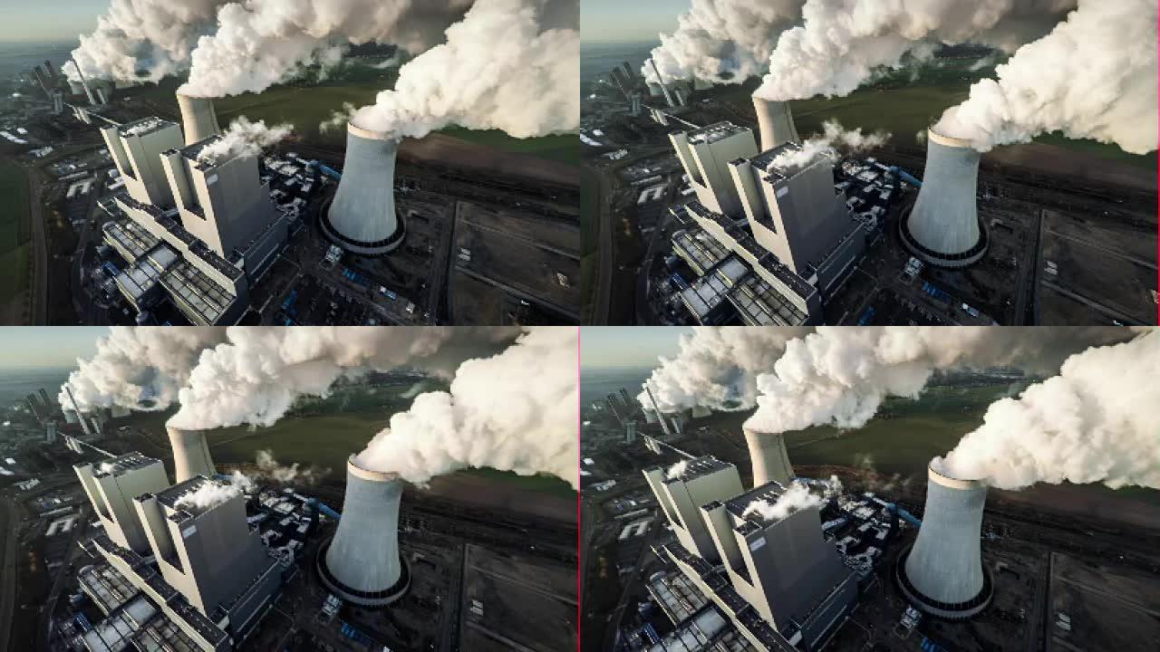 空中: 燃煤电站燃煤电站冷却塔工业烟雾环