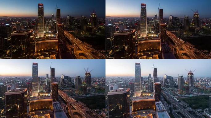 时间流逝-黎明时北京天际线的高架视图，从黎明到白天 (WS HA LR Pan)