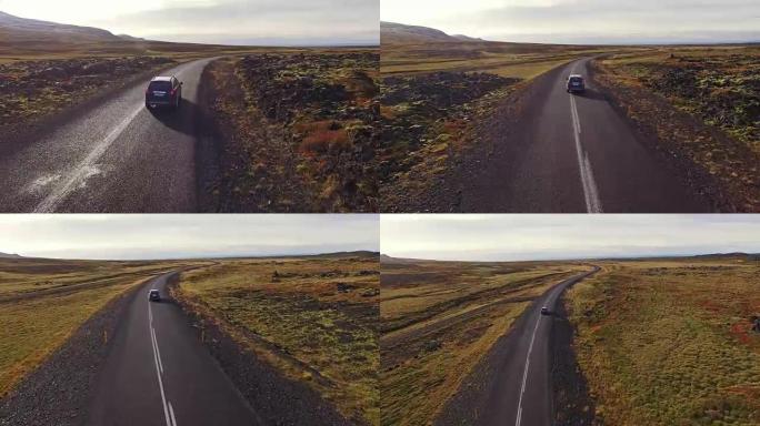 空中汽车驶过冰岛的乡村