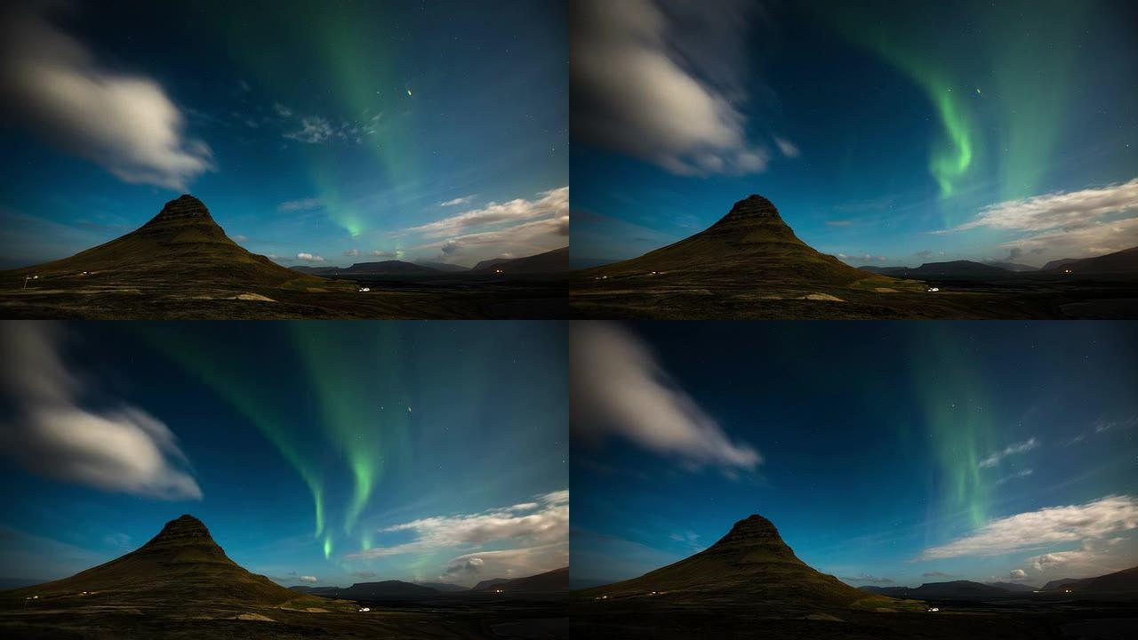 冰岛柯克朱费尔上空北极光的时差