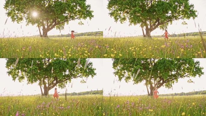 SLO MO女孩在草地上玩得开心跳跃和旋转