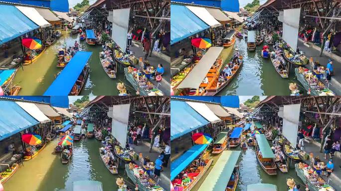 4K，泰国Damnoen Saduak浮动市场的延时游客