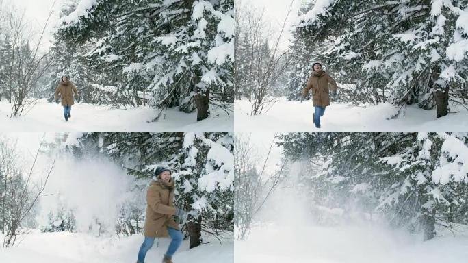 兴奋的家伙在白雪皑皑的森林里奔跑跳跃