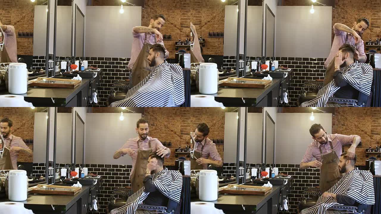 男性顾客与理发师讨论理发