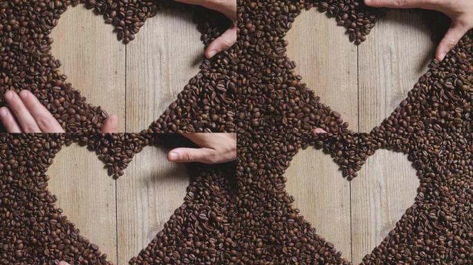 木制背景上一杯意大利咖啡的俯视图，咖啡豆要研磨。优质咖啡仍然热气腾腾。